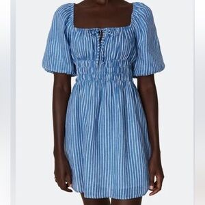 Faithfull the Brand Blue Striped Puff Sleeve Smocked Mini Dress